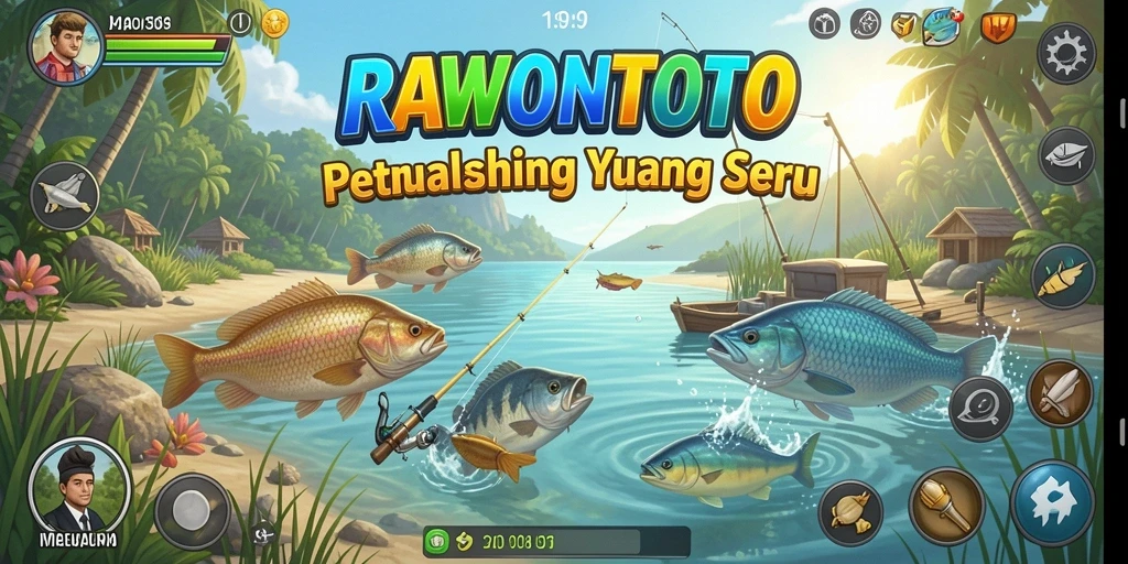 Screenshot gameplay RAWONTOTO menampilkan momen seru saat memancing di laut.