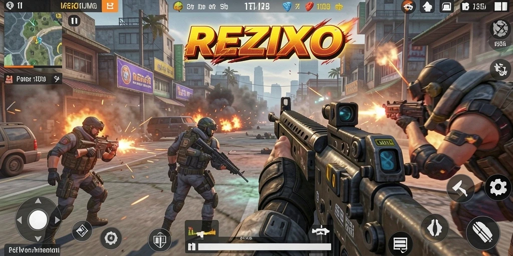 Tampilan gameplay seru dari REZIXO dalam pertarungan FPS.