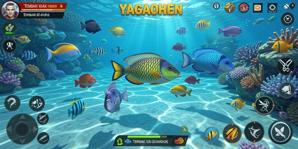 Tampilan gameplay YAGAOHEN dengan banyak ikan berwarna-warni.